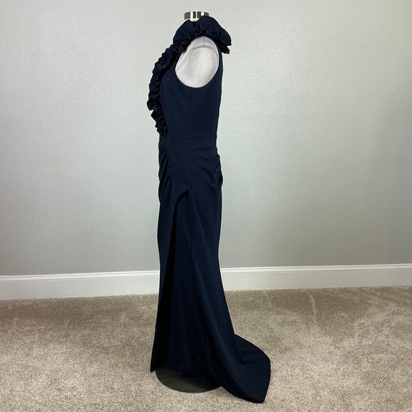 XSCAPE Ruffled V-Neck Evening Gown Size 10 Blue Sleeveless Long Formal Dress - Picture 5 of 14